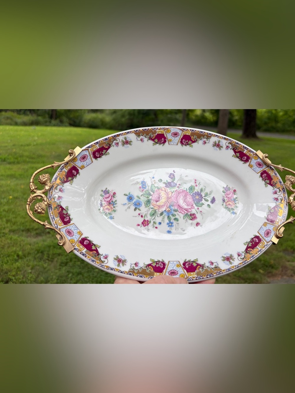 Ormulu handle mount highly detailed scrolls Limoges 11" floral oval platter
